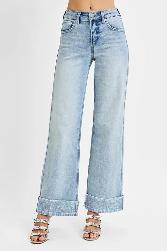 Light blue wide-leg jeans on a white background