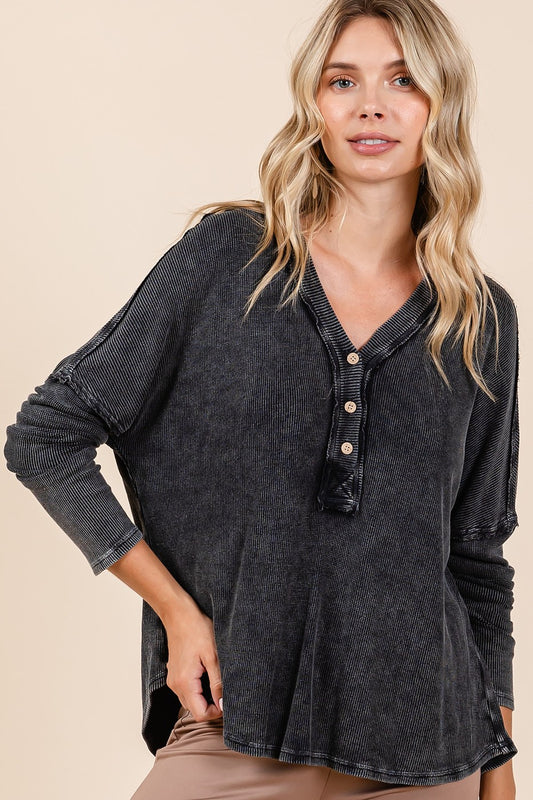 Washed V-Neck Long Sleeve Blouse in Charcoal