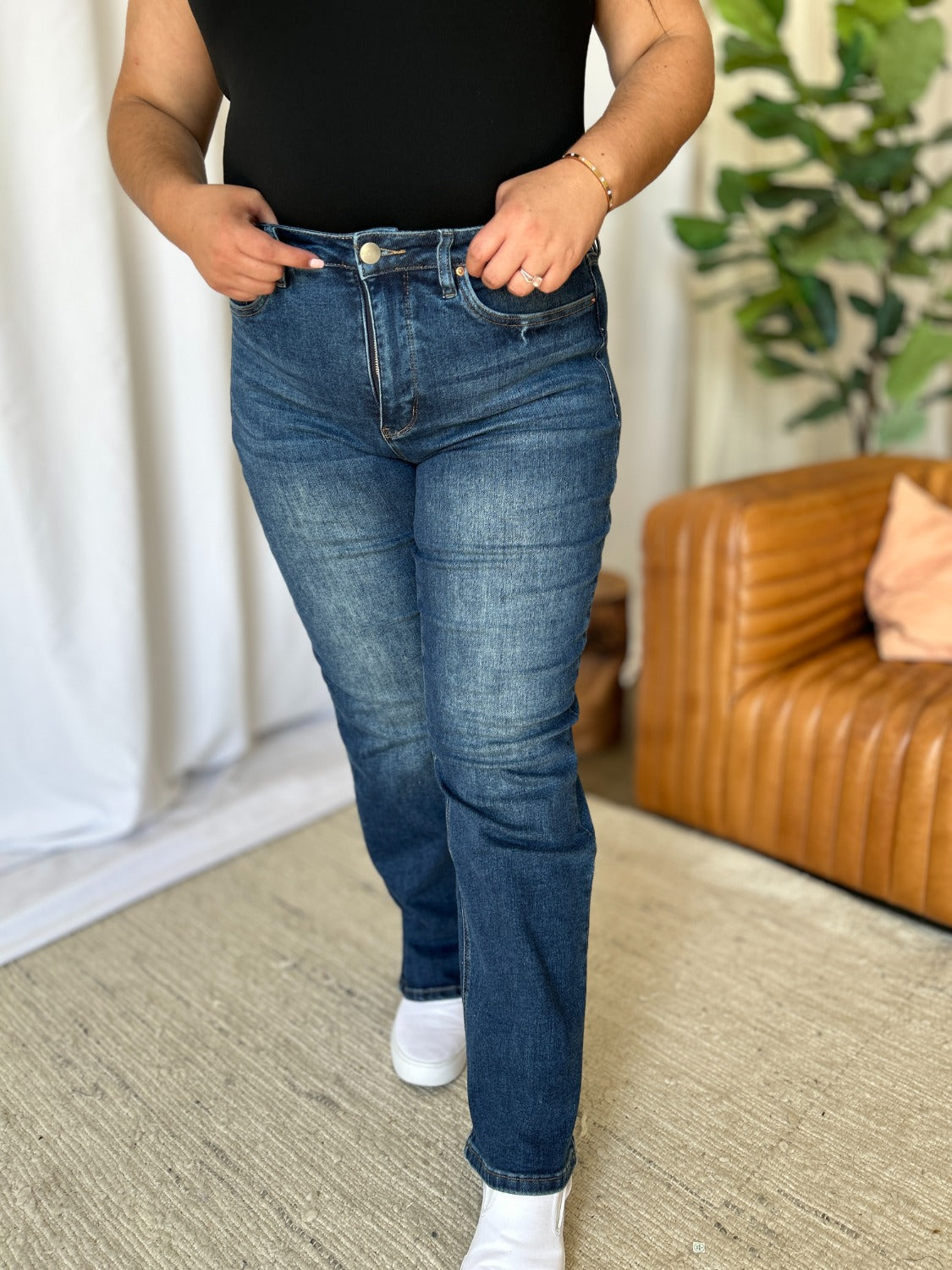 Medium Wash High Rise Straight Leg Tummy Control Jeans