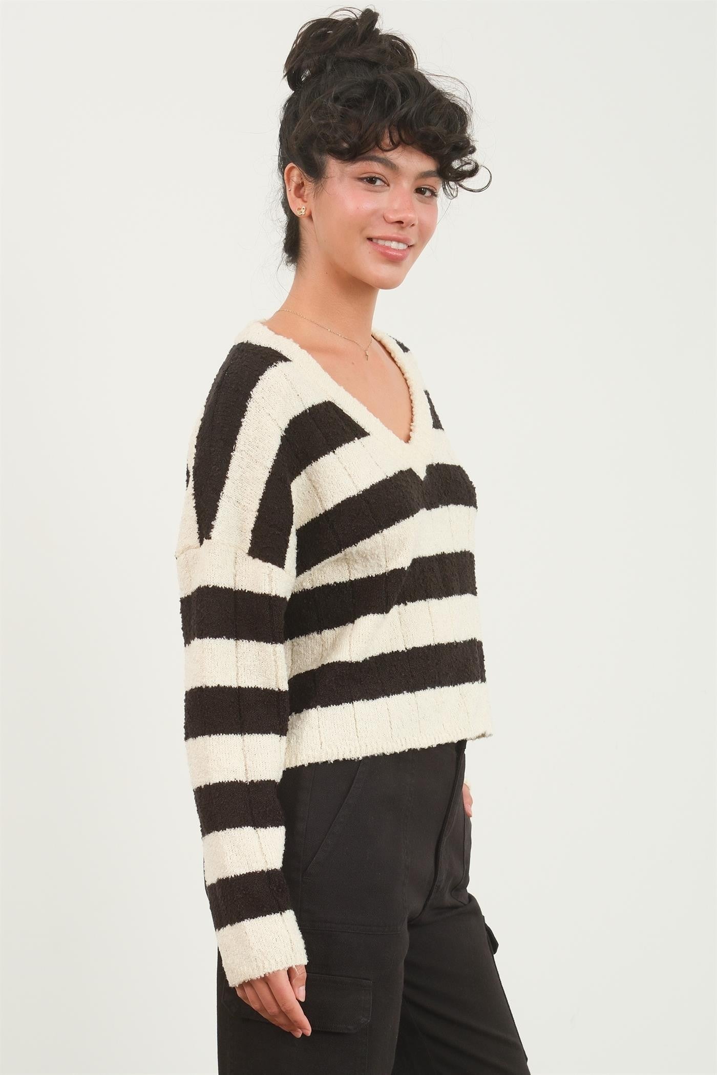 Black & Cream Striped Cropped V-Neck Sweater