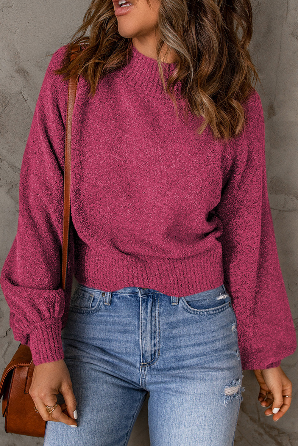 Rib Knit Trim Balloon Sleeve Sweater