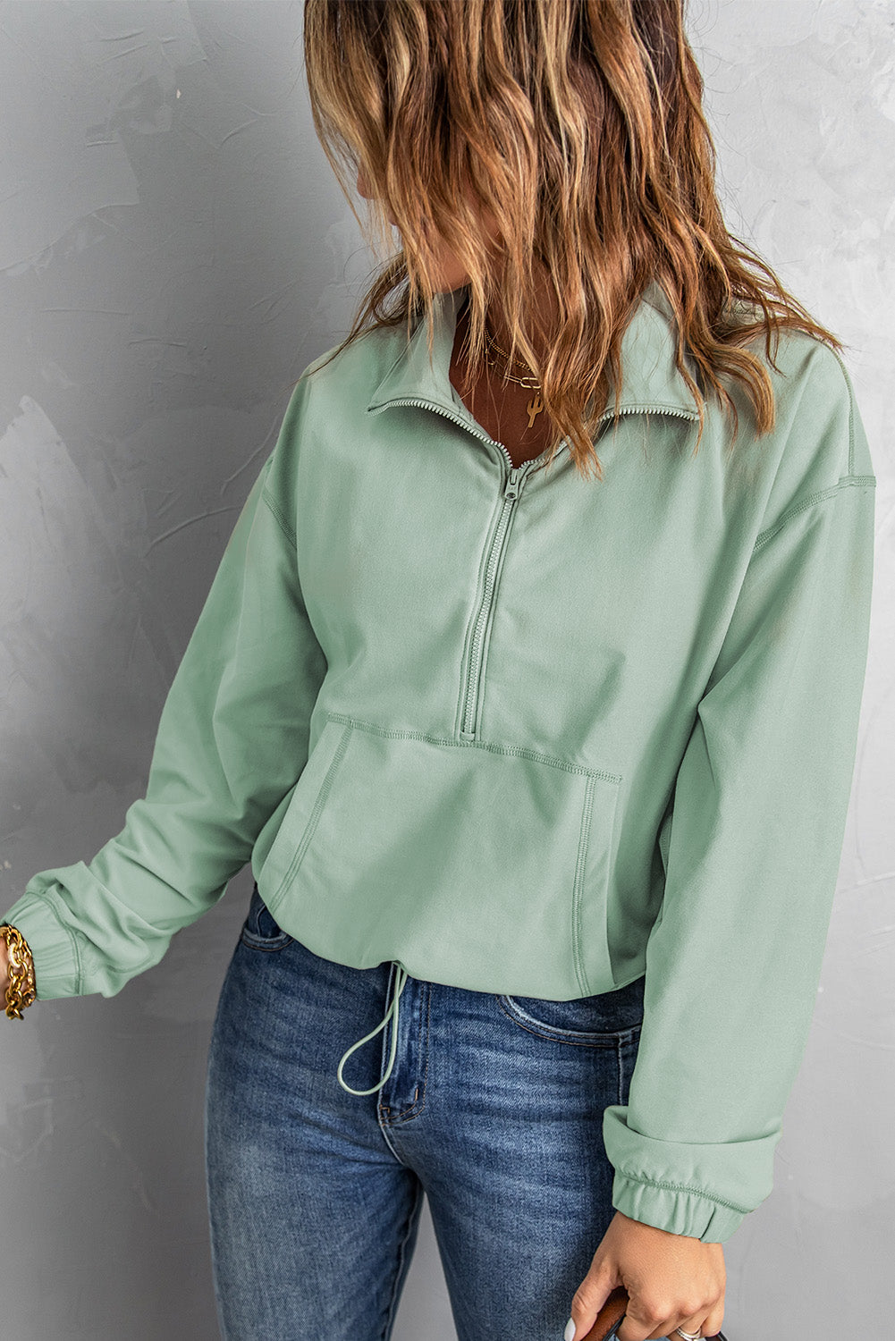 Half-Zip Drawstring Hem Sweatshirt in Mint