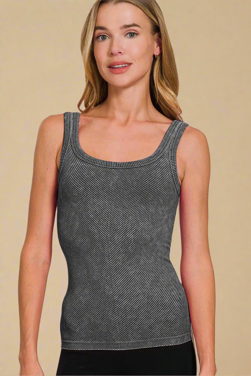 Black Washed Rib Knit Tank Top