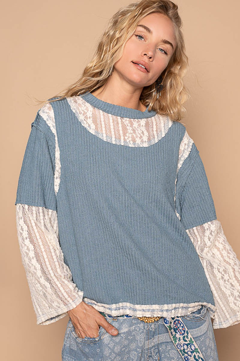 Cornflower Blue Lace Panel Long Sleeve Top