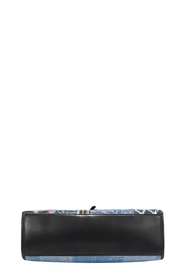 Black clutch bag with floral pattern on a white background