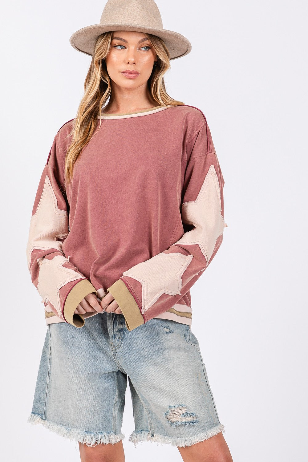 French Terry Star Patch Sweatshirt in Magenta Pink