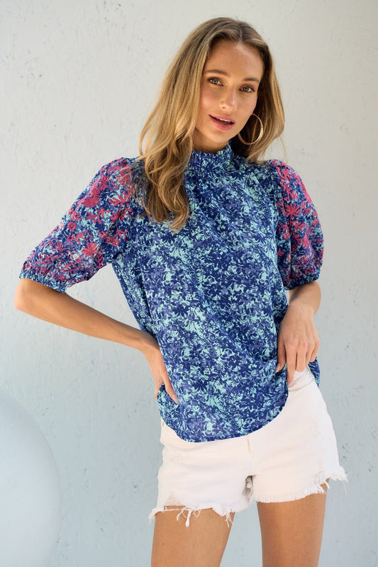 Embroidered Puff Sleeve Printed Blouse in BlueBlouseHailey & Co