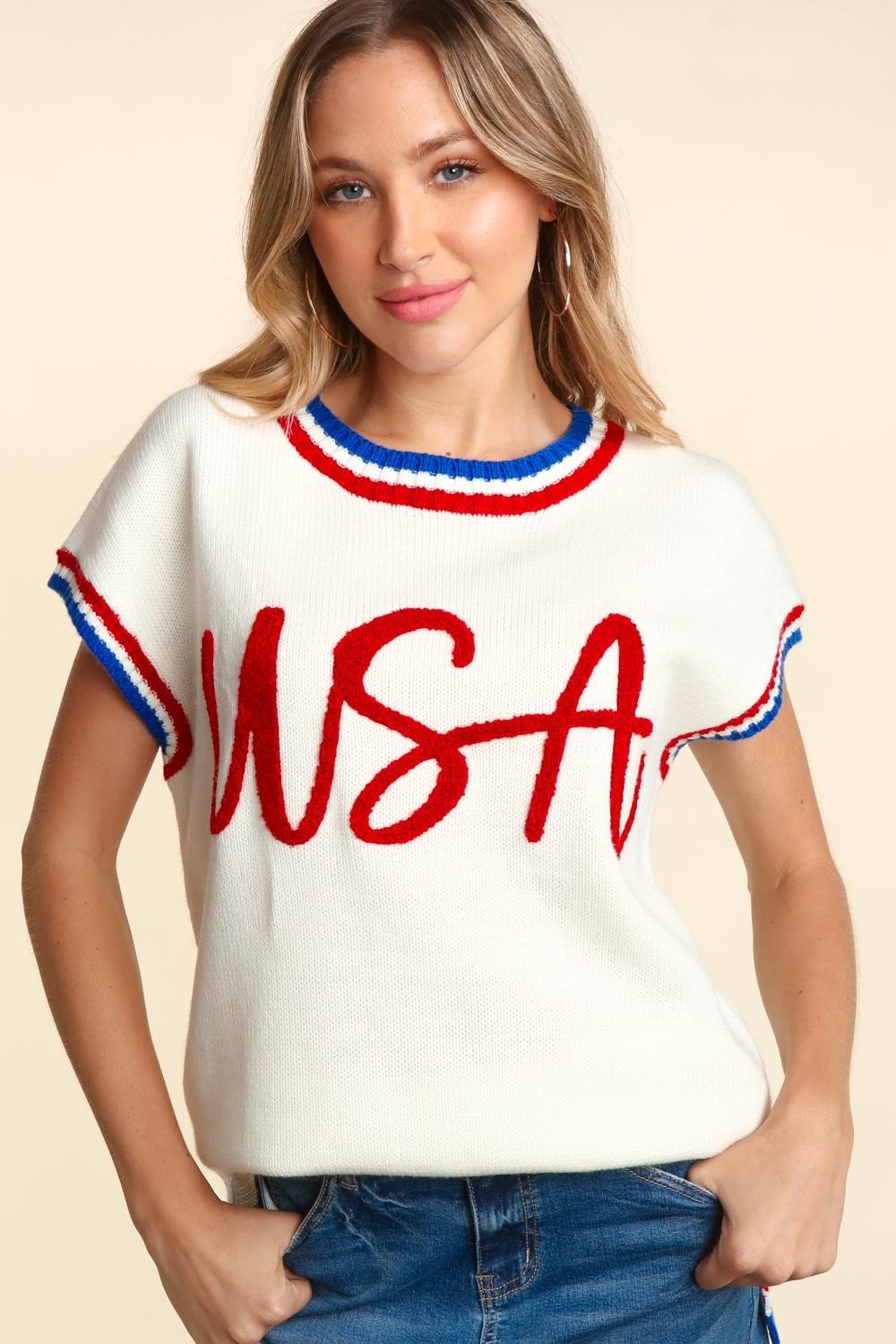 Embroidered Red White & Blue USA Knit Tunic TopTopHaptics