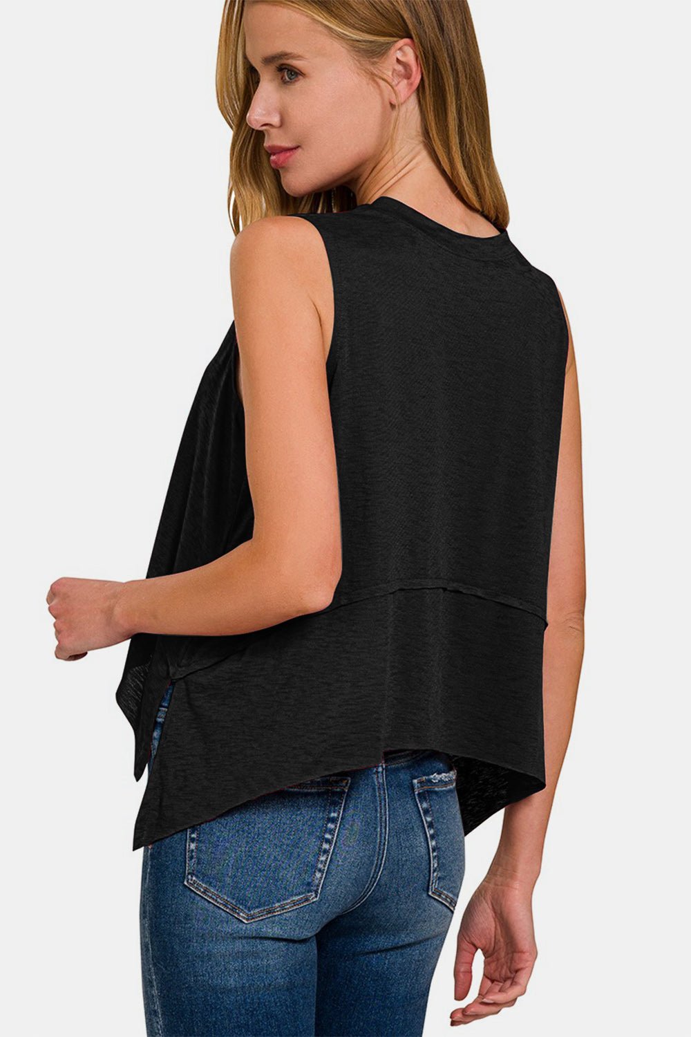 Exposed Seam Crew Neck Tunic Tank in BlackTankZenana