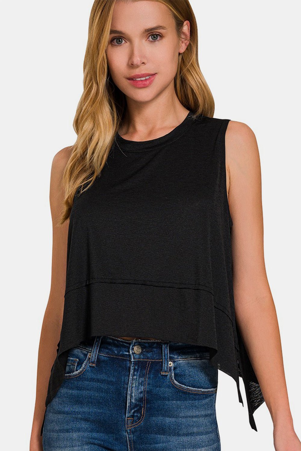 Exposed Seam Crew Neck Tunic Tank in BlackTankZenana