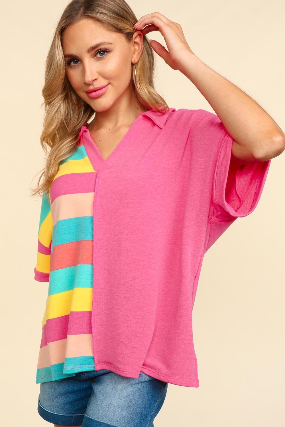 Exposed Seam Short Sleeve Half Striped T-Shirt in Hot PinkT-ShirtHaptics
