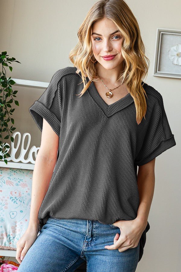 Exposed Seam Short Sleeve Rib Knit Top in CharcoalTopHeimish