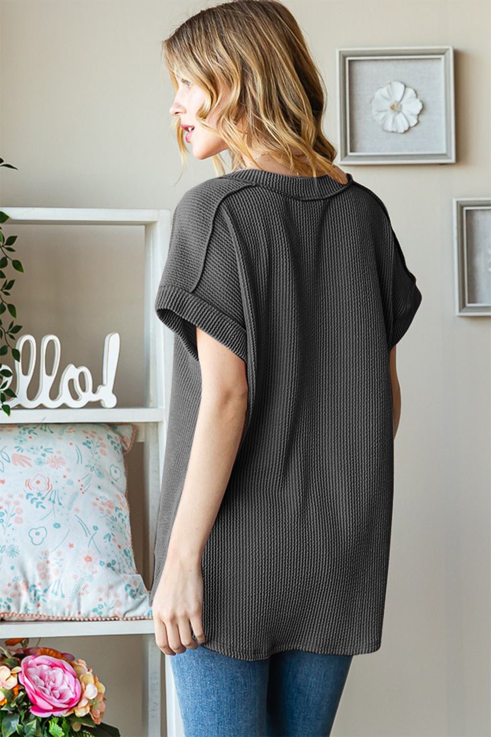 Exposed Seam Short Sleeve Rib Knit Top in CharcoalTopHeimish