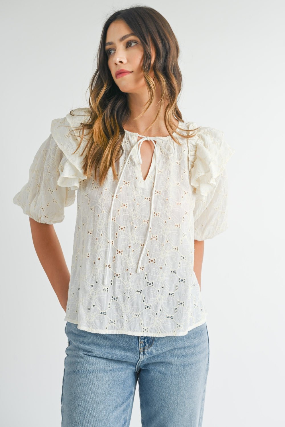 Eyelet Lace Ruffled Puff Sleeve Blouse in CreamBlouseMable