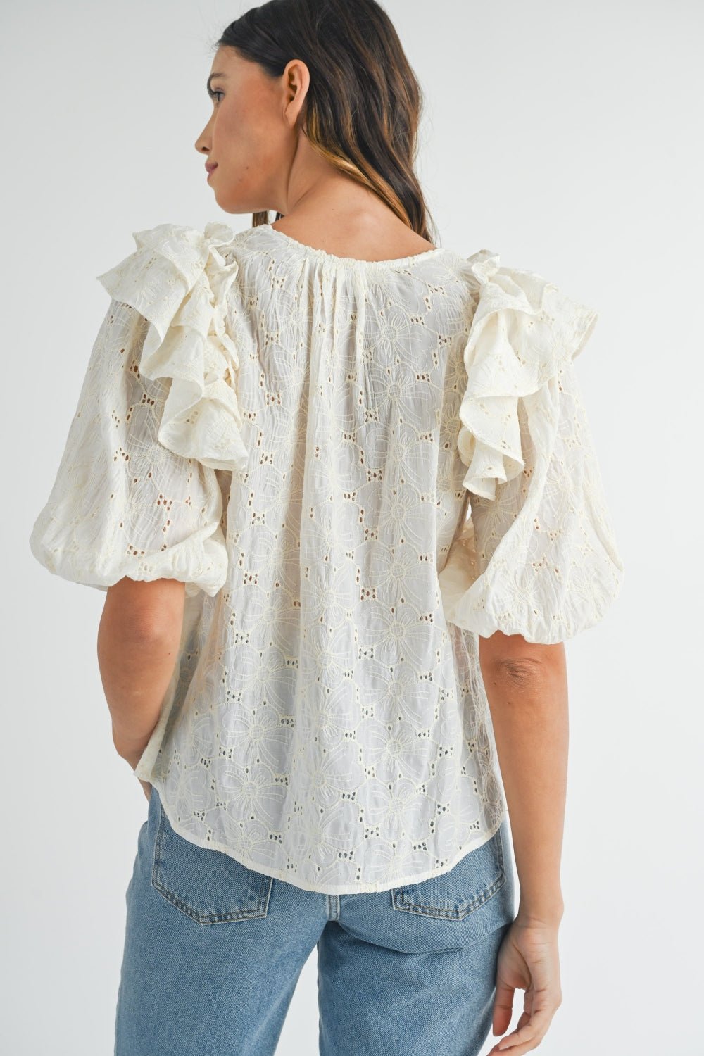 Eyelet Lace Ruffled Puff Sleeve Blouse in CreamBlouseMable