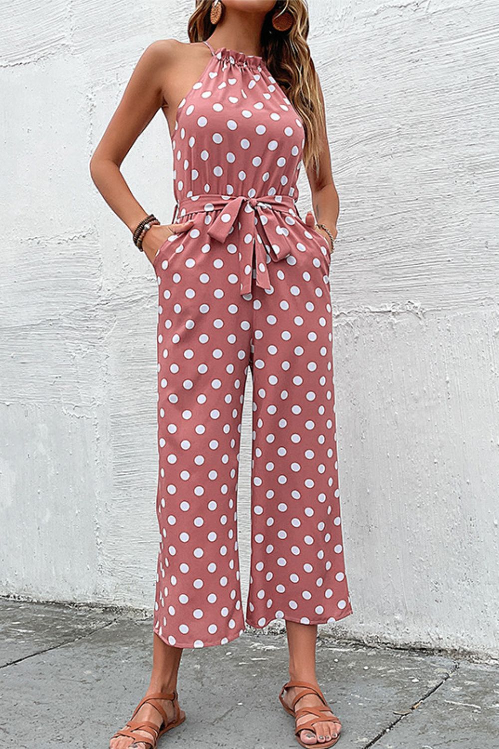 Polka Dot Grecian Neckline Wide Leg Jumpsuit