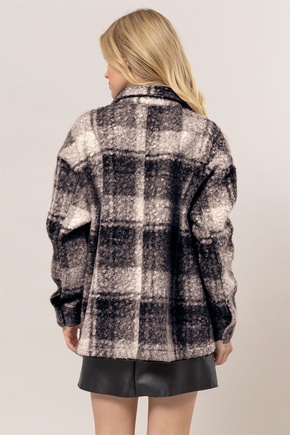 Black Plaid Button Up Bouclé Jacket