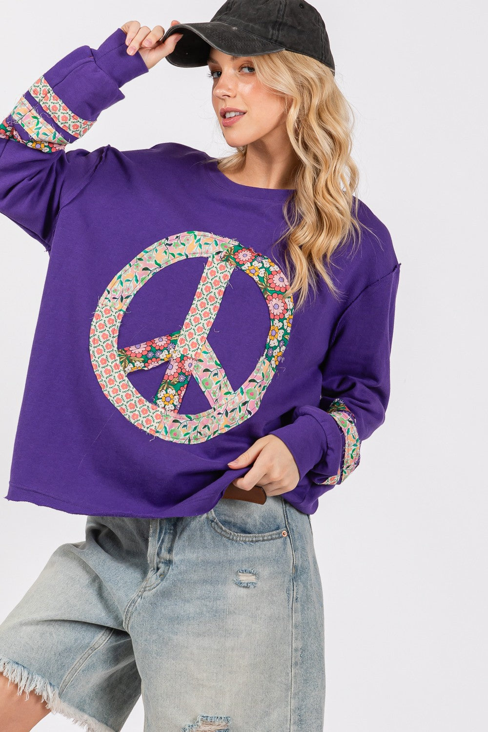 Peace Patch Long Sleeve Top in Blueberry