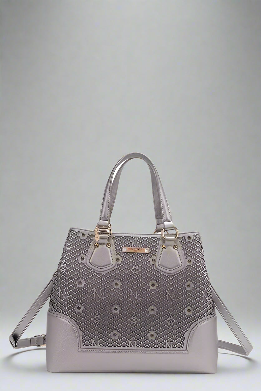 Gray handbag with floral pattern on a white background