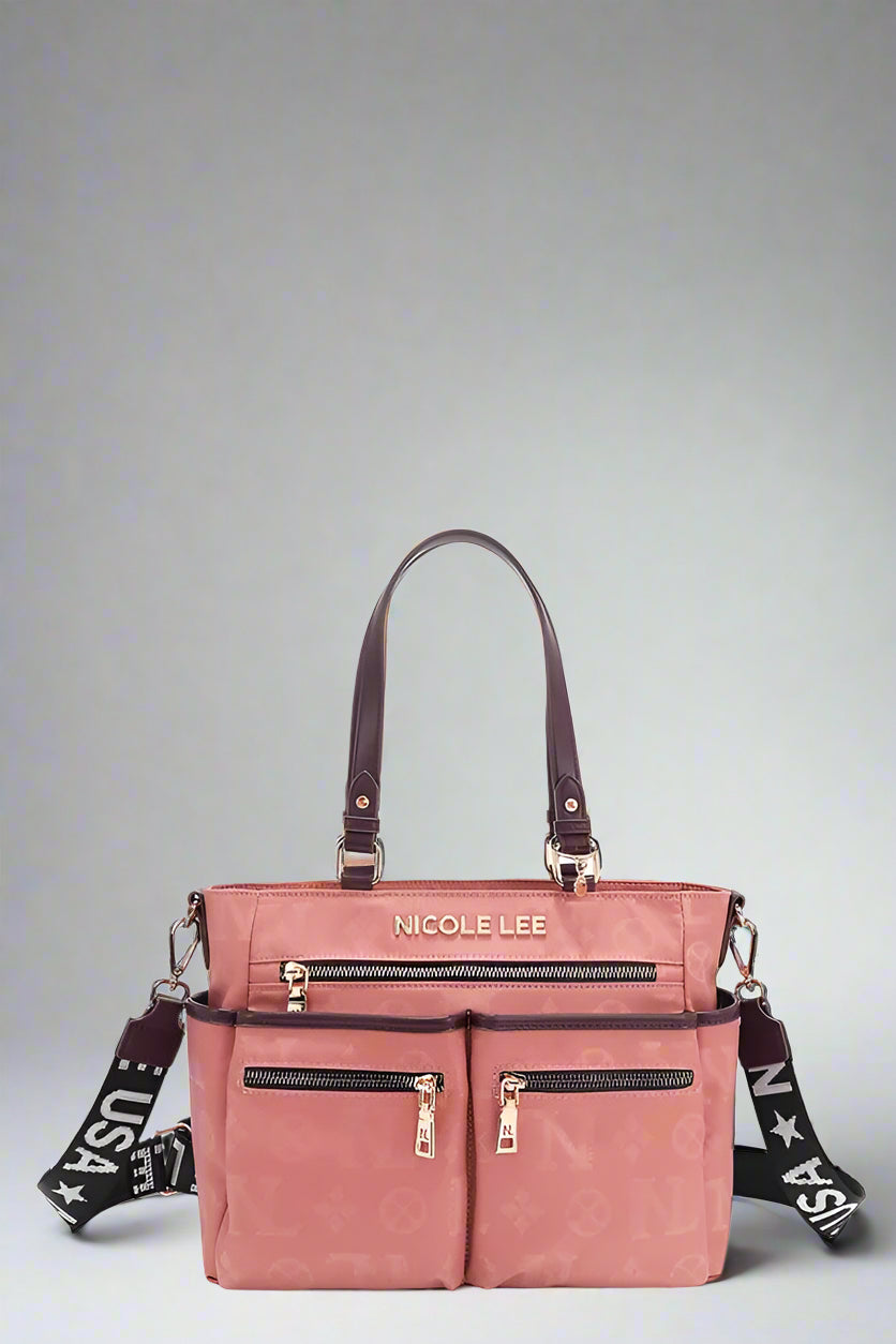 Pink handbag with visible brand name on a white background