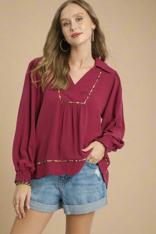 Berry Wine Scallop Hem Blouse with Leopard Trim