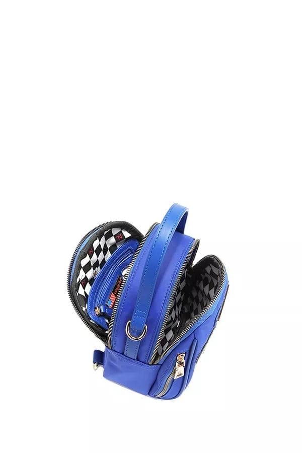 Blue backpack with checkered interior on a white background