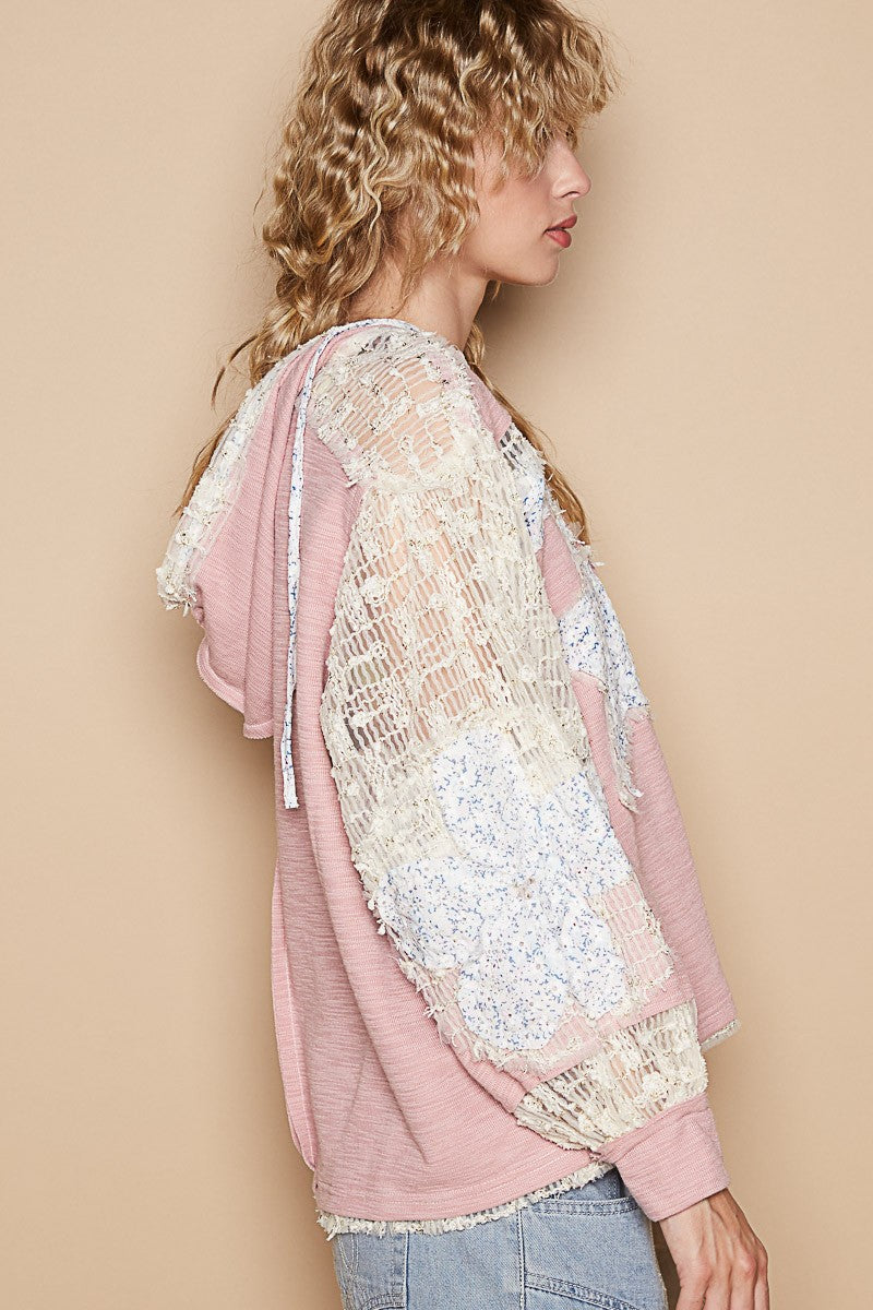 Pink Star Patch Lace Sleeve Hooded Top