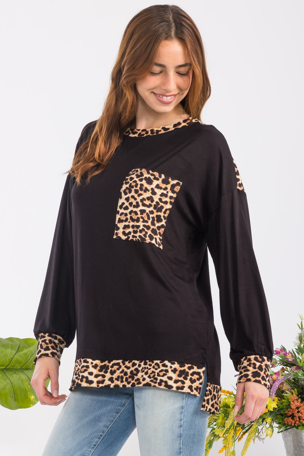 Black Leopard Print Long Sleeve T-Shirt