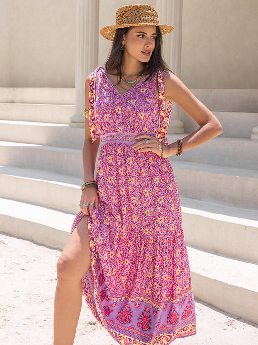 Printed V-Neck Sleeveless Maxi Dress in Fuchsia Pink