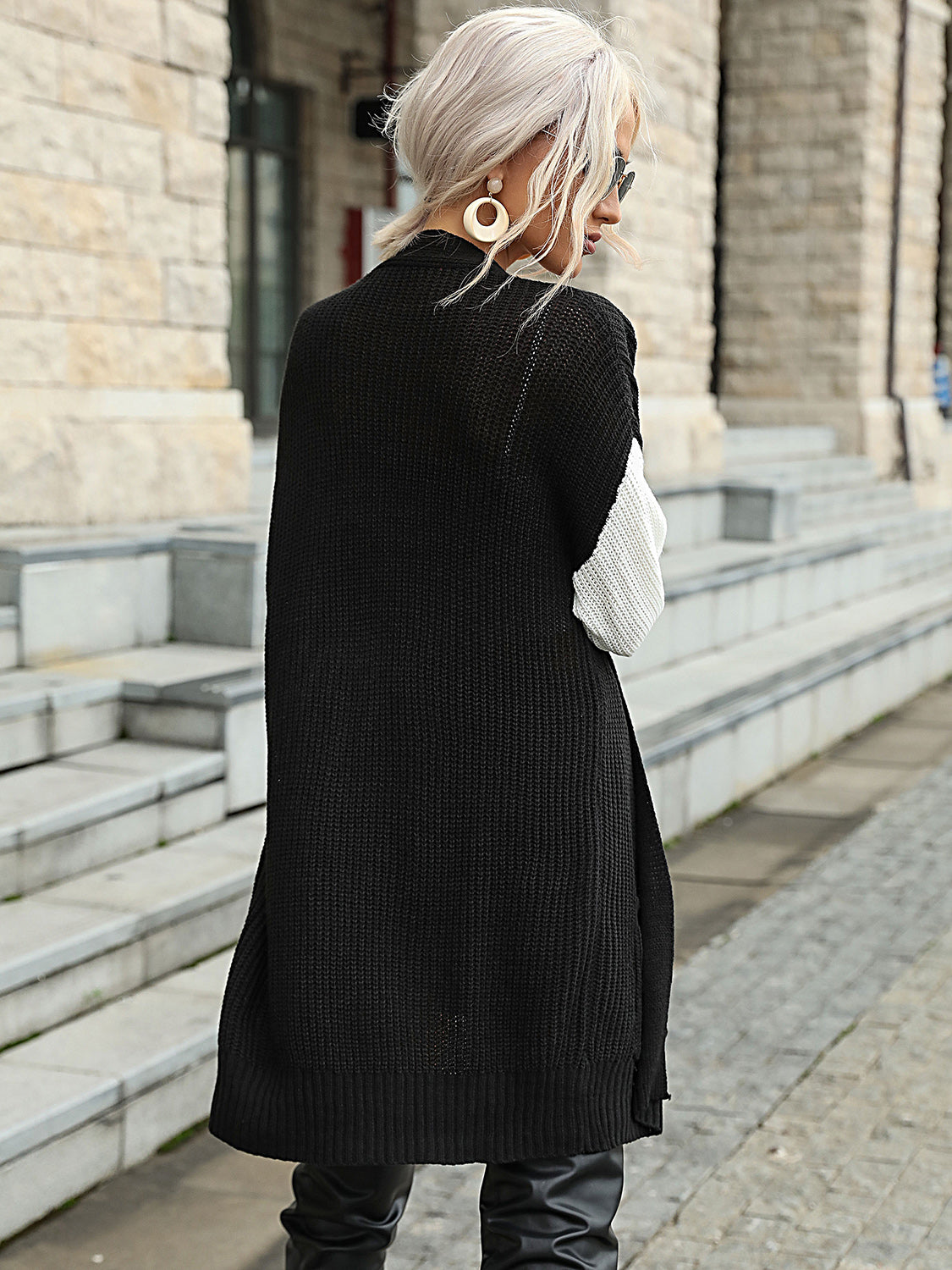 Black Tricolor Longline Cardigan with Pockets