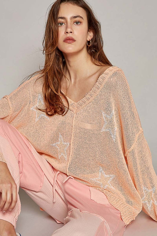 V-Neck Long Sleeve Star Print Knit Top in Peach