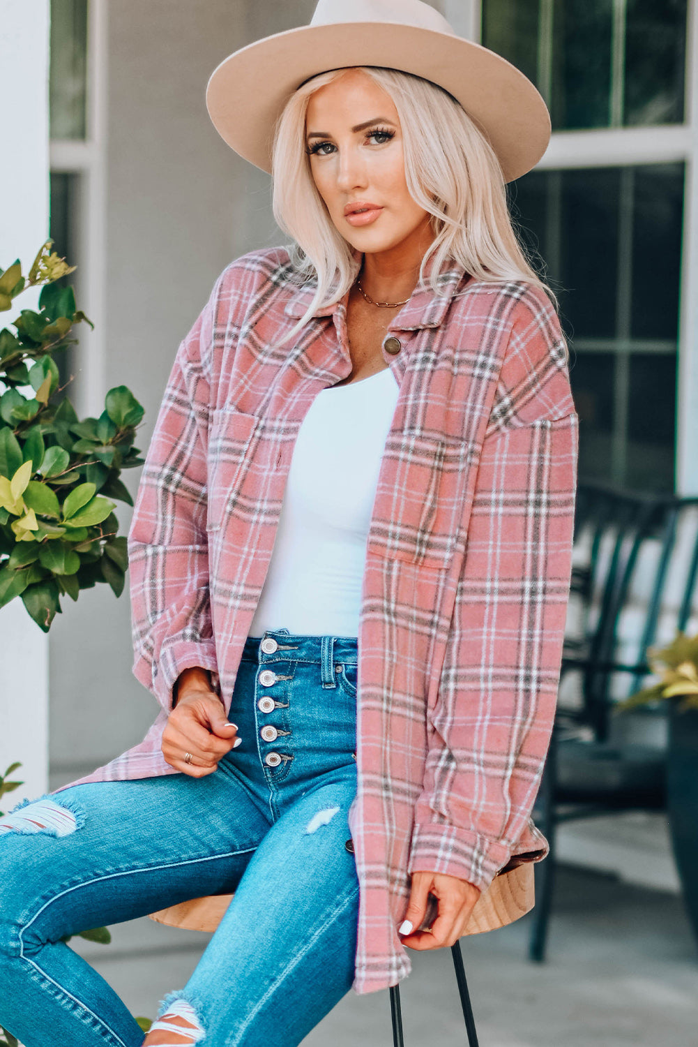 Plaid Curved Hem Longline Shacket