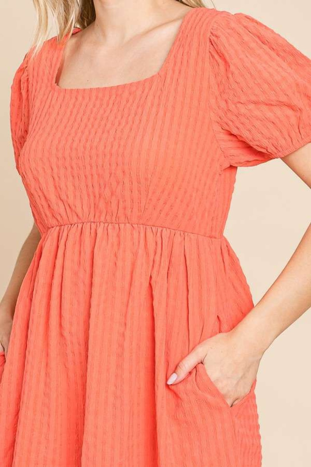 Textured Square Neck Short Sleeve Mini Dress in Sugar Coral