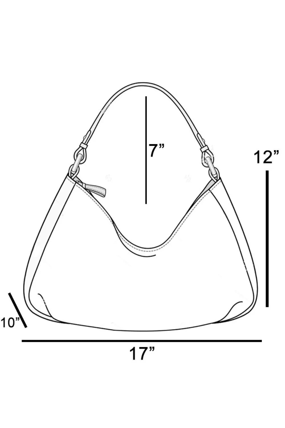 Line drawing of a handbag with measurements on a white background