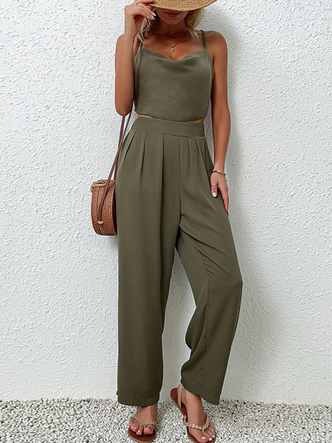 Crisscross Back Cropped Top and Pants Set in Sage