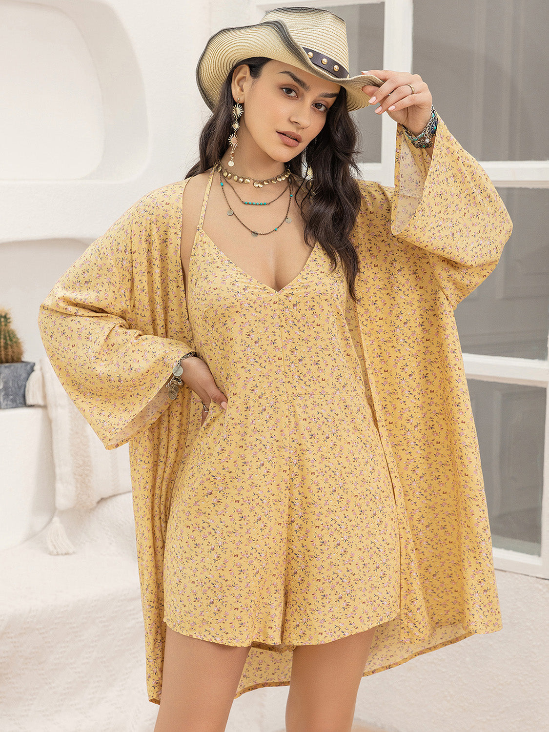 Ditsy Floral Print Halter Neck Romper and Cover Up Set in Yellow