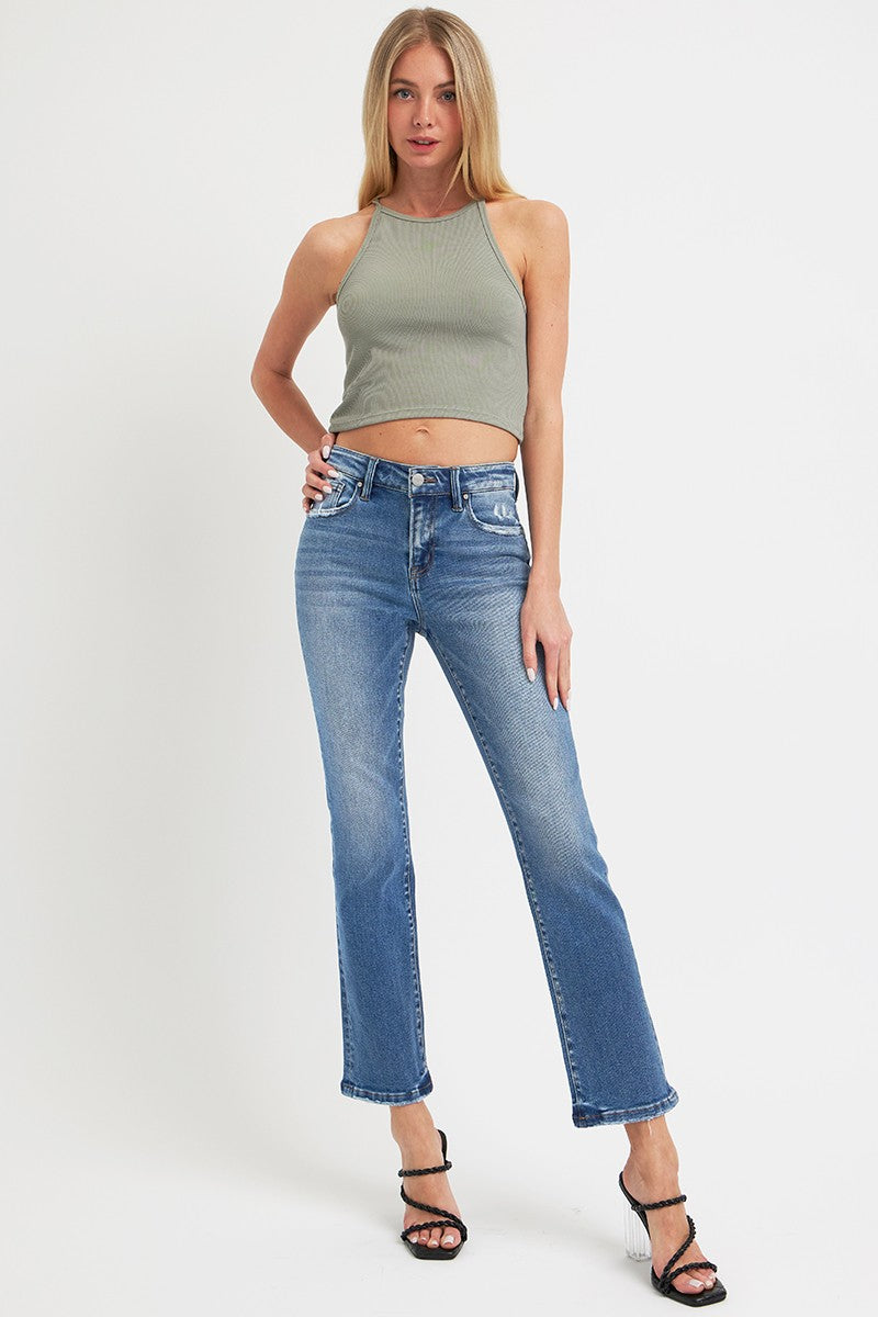 Dark Wash Mid Rise Straight Leg Jeans