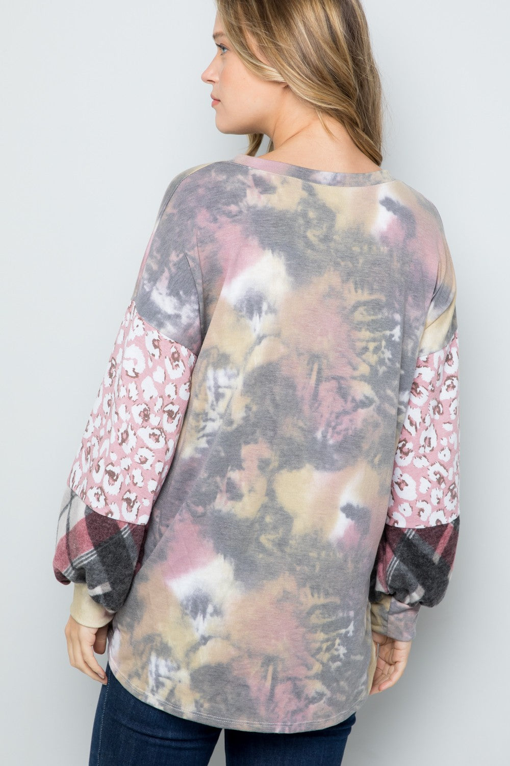 Purple Tie-Dye V-Neck Printed Sleeve Blouse