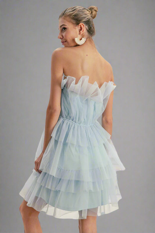 Woman wearing a light blue off-shoulder dress in a room with a plant and books.