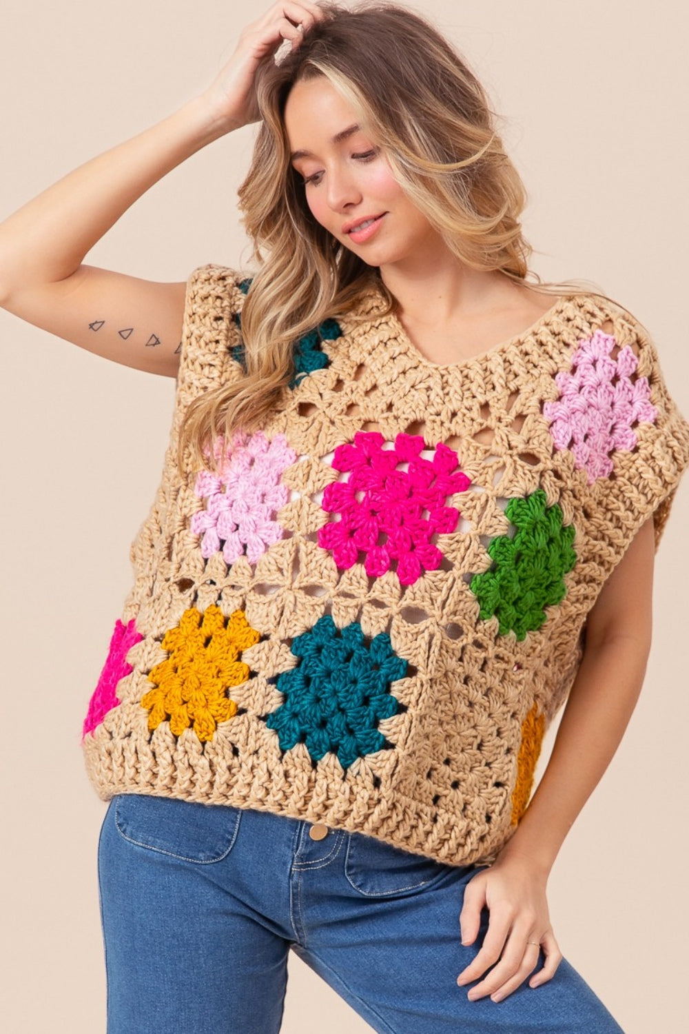 Granny Square Openwork Sleeveless Sweater in Taupe