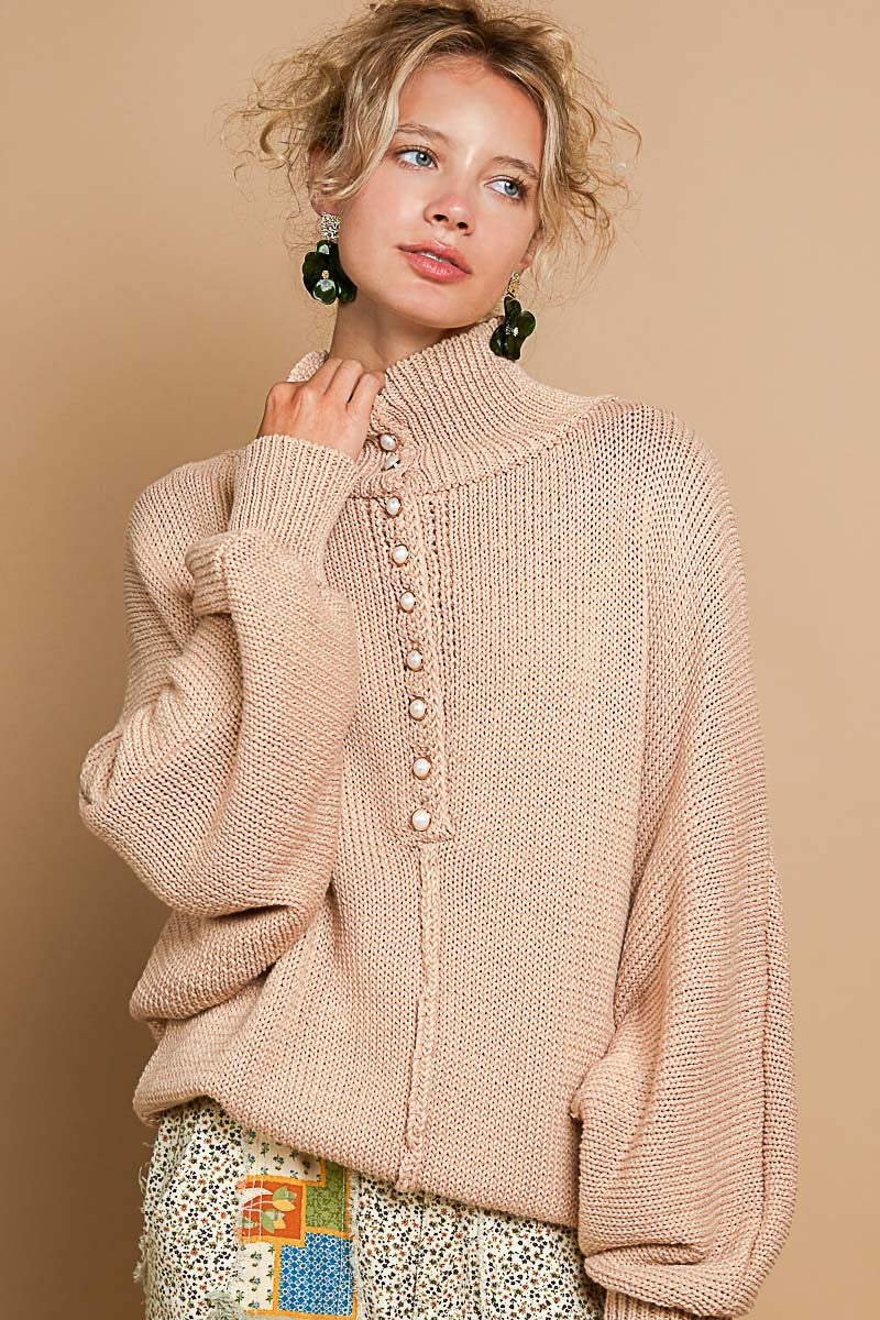 Pearl Button Long Sleeve Turtleneck Sweater in Latte