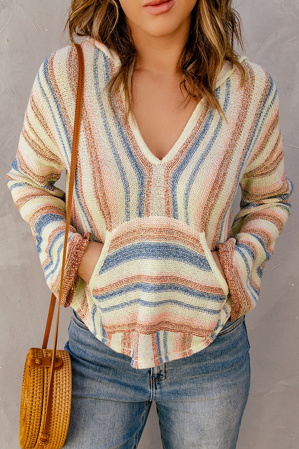 Multicolor Striped Hooded Sweater with Front Pocket