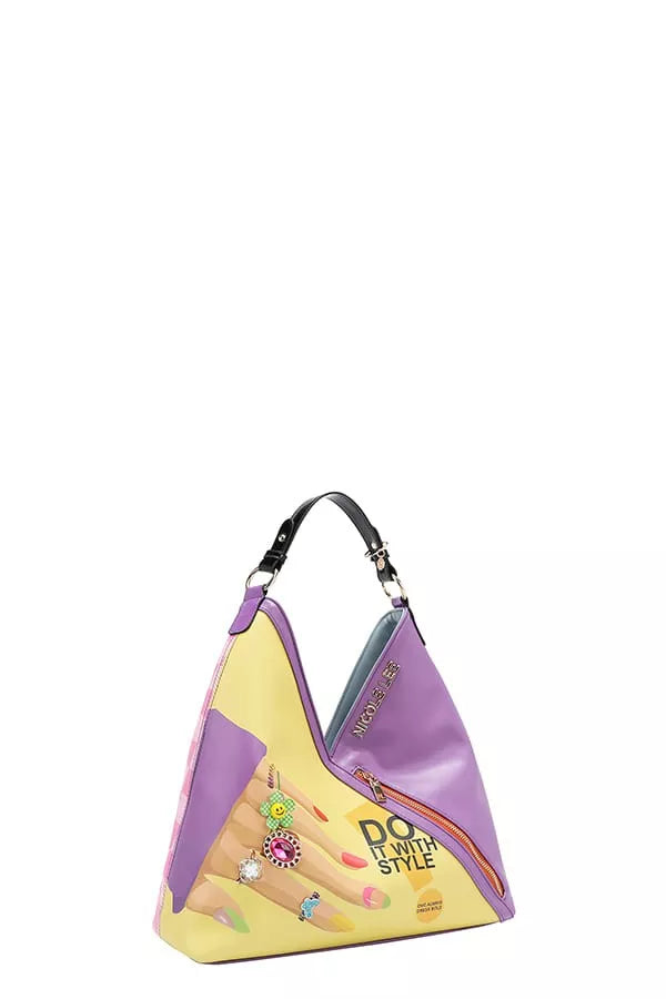 Colorful handbag with a unique design on a white background