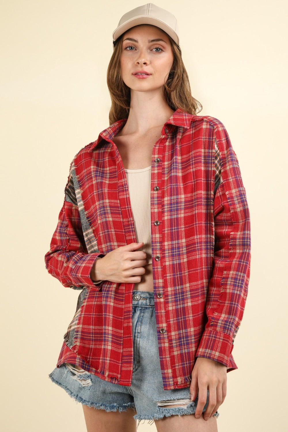 Red Contrast Plaid Raw Seams Shirt