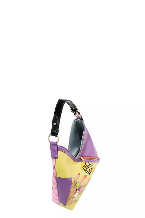 Colorful handbag with a unique design on a white background