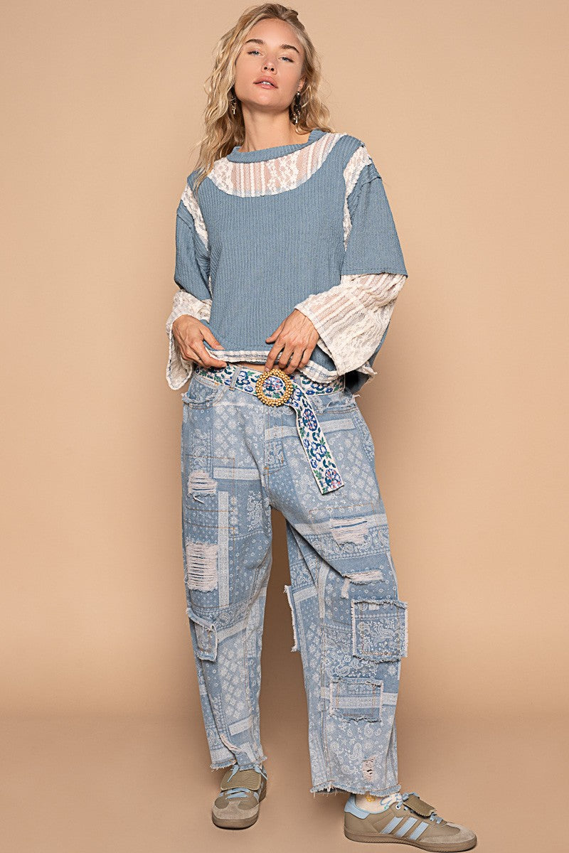 Cornflower Blue Lace Panel Long Sleeve Top