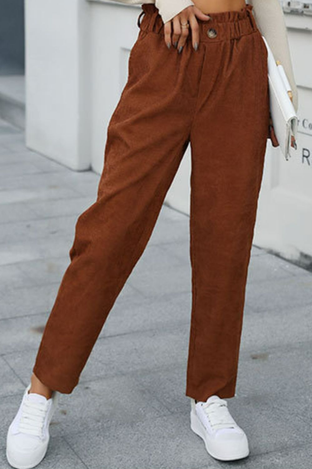 Paperbag Waist Straight Leg Pants in Coffee