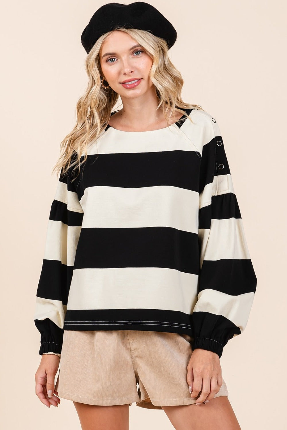 Black Ivory Striped Snap Shoulder Long Sleeve T-Shirt