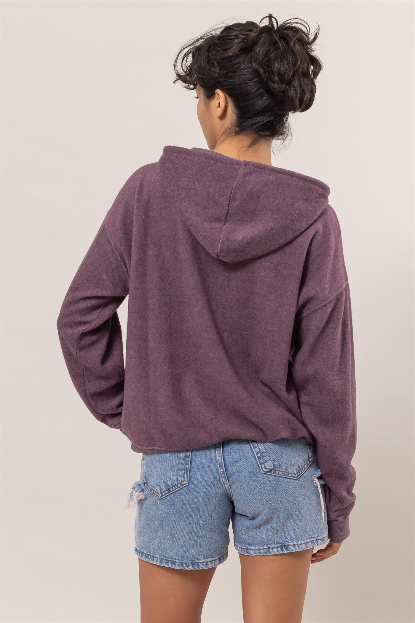 Brushed Long Sleeve Hoodie in Dark Plum