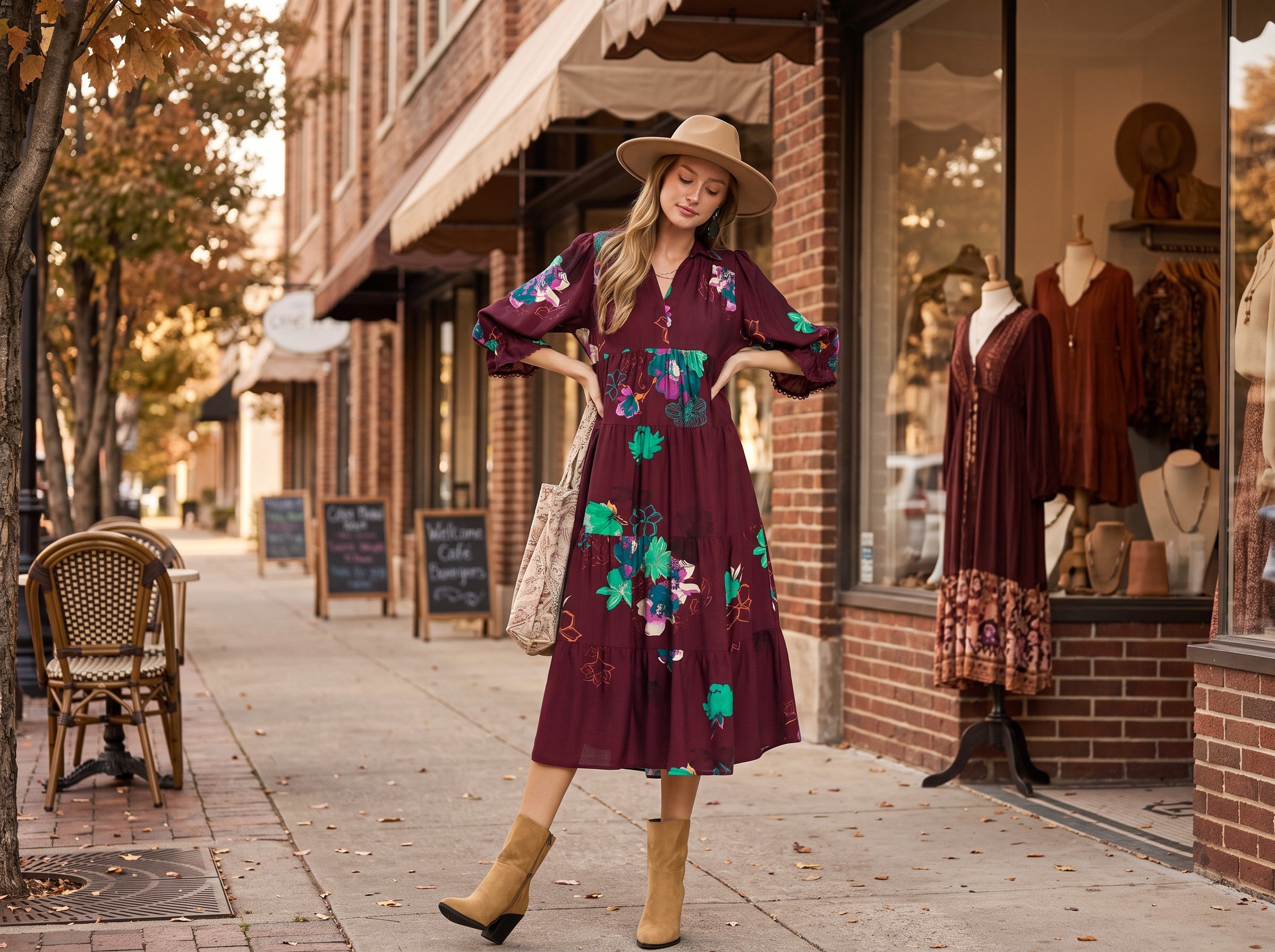 A woman stands on a city sidewalk wearing a long burgundy midi dress with a colorful floral print, tan boots, and a wide-brim straw hat. Storefronts and mannequins are visible in the background.
